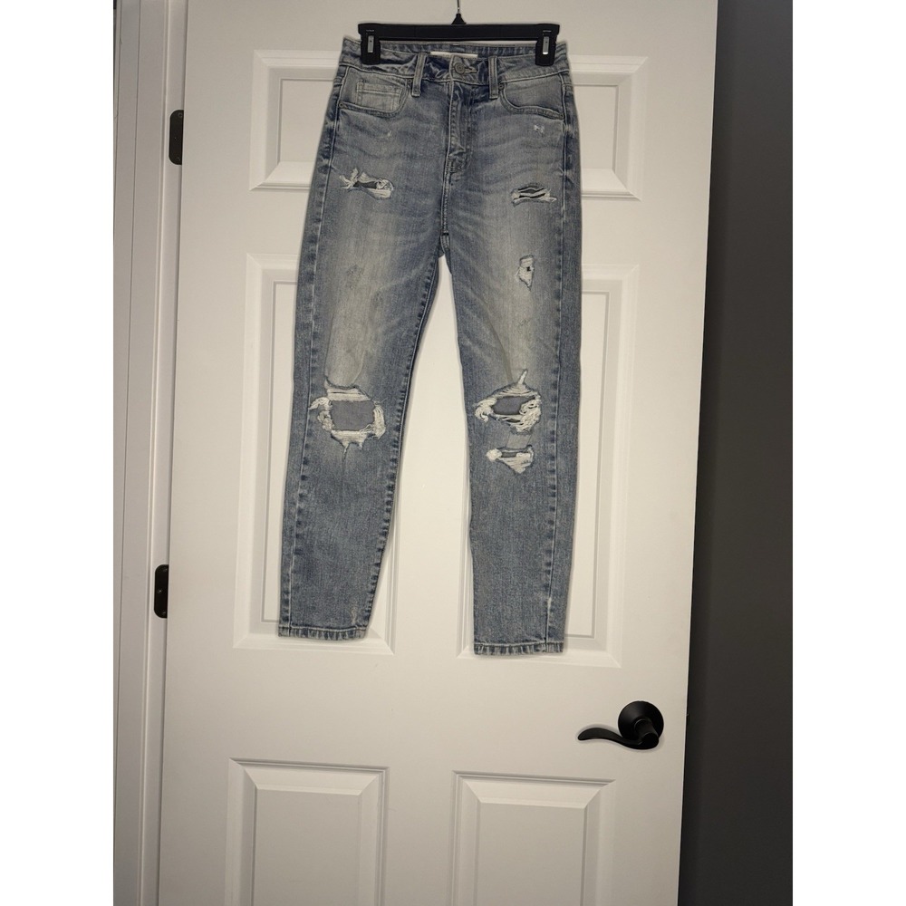 Eunina Tobi Super High Rise Mom  Denim Jean Crop Size 1 Distressed Light Wash